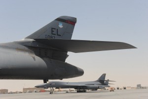 B-1B Lancer tail number 087 became the first B-1B to reach 10K flying hours, June 12, 2010, at a non-disclosed Southwest Asia location. Carrying the largest payload of both guided and unguided weapons in the Air Force inventory, the multi-mission B-1B is the backbone of America's long-range bomber force. It can rapidly deliver massive quantities of precision and non-precision weapons against any adversary, anywhere in the world, at any time. (U.S. Air Force photo by Tech. Sgt. Michelle Larche)[RELEASED]